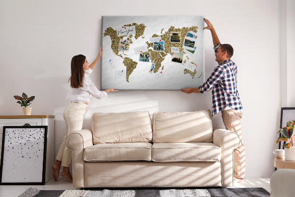 Korková nástenka na stenu Zlatá mapa sveta na bielom pozadí