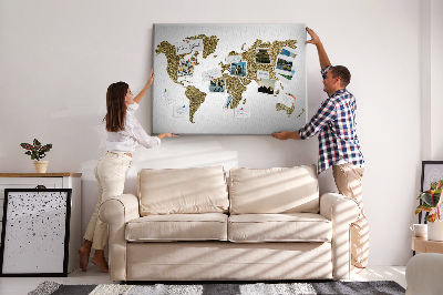 Korková nástenka na stenu Zlatá mapa sveta na bielom pozadí