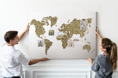 Korková nástenka na stenu Zlatá mapa sveta na bielom pozadí