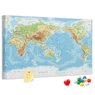 Korková tabuľa Mapa sveta s farebnými kontinentmi.