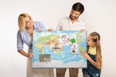 Korková tabuľa Mapa sveta s farebnými kontinentmi.