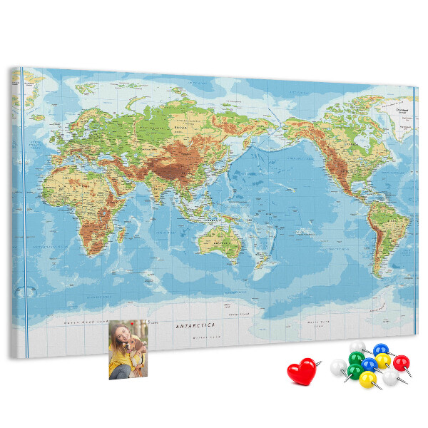 Korková tabuľa Mapa sveta s farebnými kontinentmi.
