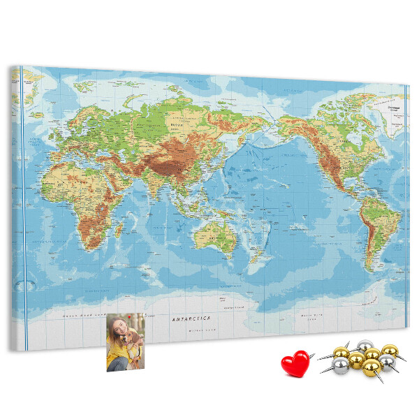 Korková tabuľa Mapa sveta s farebnými kontinentmi.