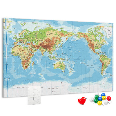 Korková tabuľa Mapa sveta s farebnými kontinentmi.
