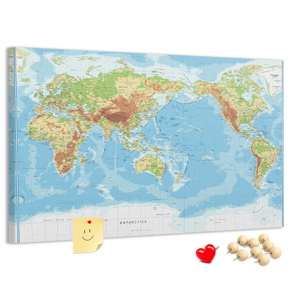 Korková tabuľa Mapa sveta s farebnými kontinentmi.