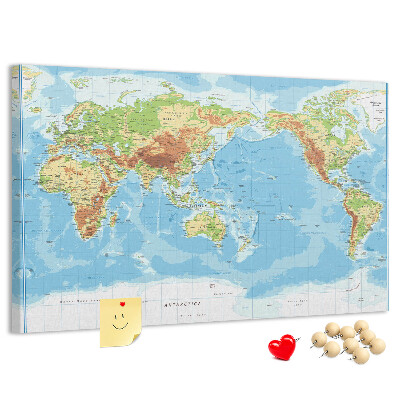 Korková tabuľa Mapa sveta s farebnými kontinentmi.
