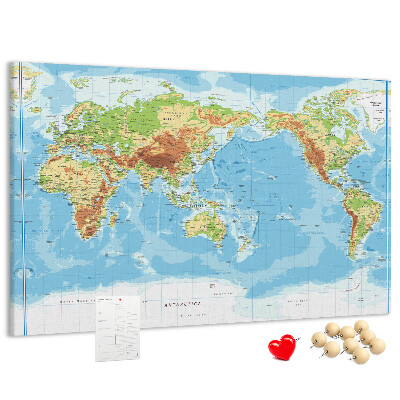 Korková tabuľa Mapa sveta s farebnými kontinentmi.