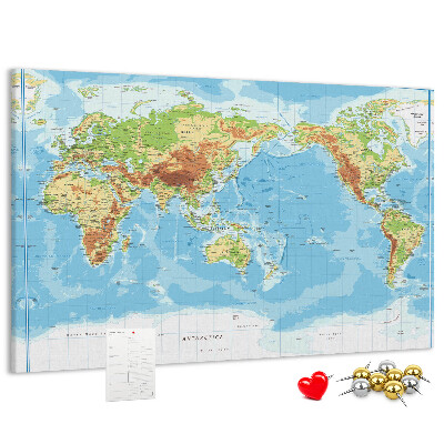 Korková tabuľa Mapa sveta s farebnými kontinentmi.