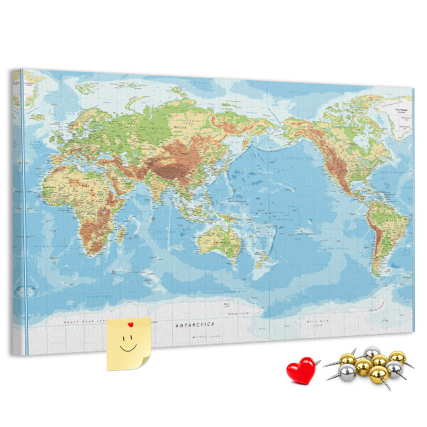 Korková tabuľa Mapa sveta s farebnými kontinentmi.