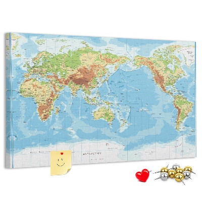 Korková tabuľa Mapa sveta s farebnými kontinentmi.