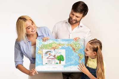 Korková tabuľa Mapa sveta s farebnými kontinentmi.