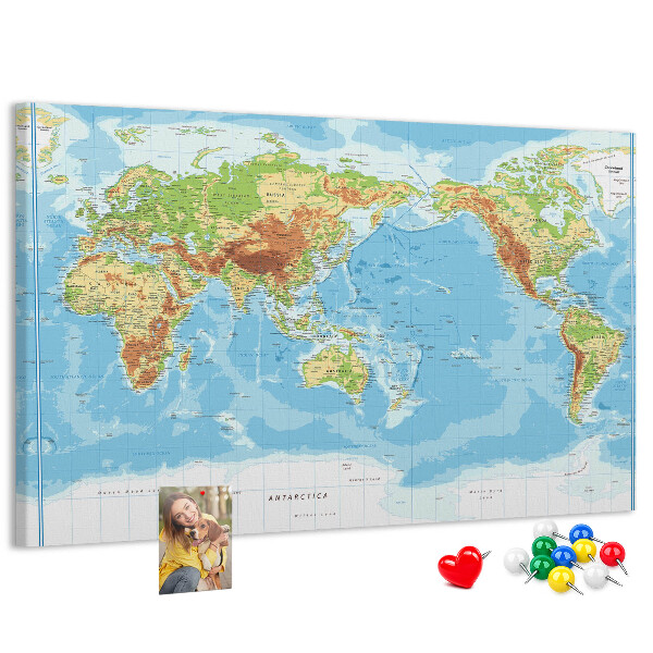Korková tabuľa Mapa sveta s farebnými kontinentmi.
