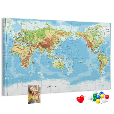 Korková tabuľa Mapa sveta s farebnými kontinentmi.