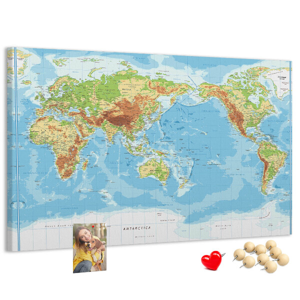Korková tabuľa Mapa sveta s farebnými kontinentmi.