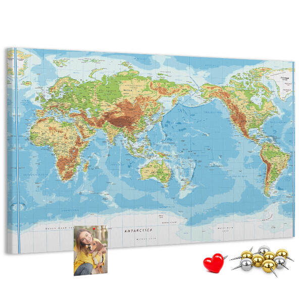 Korková tabuľa Mapa sveta s farebnými kontinentmi.