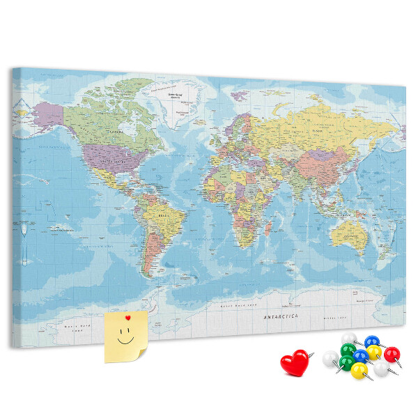 Korková tabuľa Mapa sveta s farebnými kontinentmi.