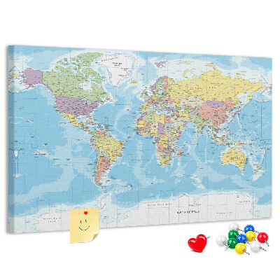 Korková tabuľa Mapa sveta s farebnými kontinentmi.