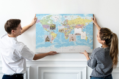 Korková tabuľa Mapa sveta s farebnými kontinentmi.