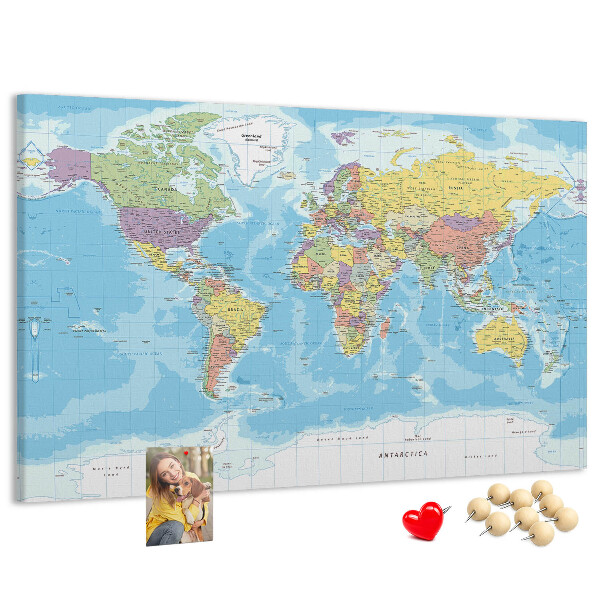 Korková tabuľa Mapa sveta s farebnými kontinentmi.