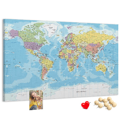 Korková tabuľa Mapa sveta s farebnými kontinentmi.