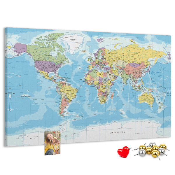 Korková tabuľa Mapa sveta s farebnými kontinentmi.