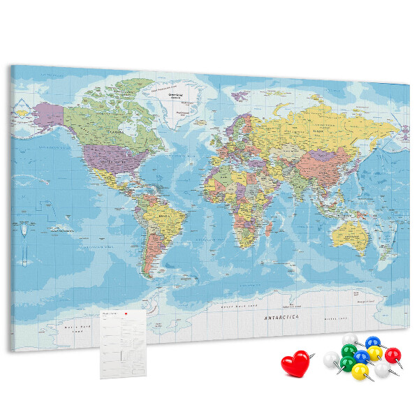 Korková tabuľa Mapa sveta s farebnými kontinentmi.