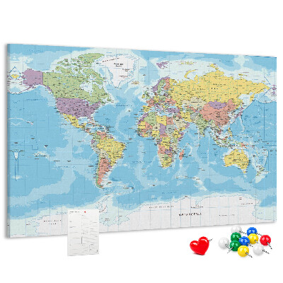 Korková tabuľa Mapa sveta s farebnými kontinentmi.