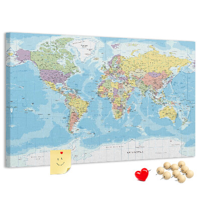 Korková tabuľa Mapa sveta s farebnými kontinentmi.