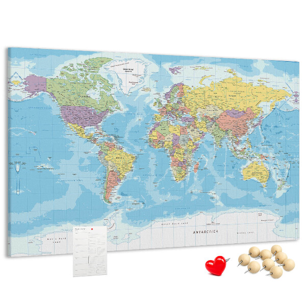 Korková tabuľa Mapa sveta s farebnými kontinentmi.