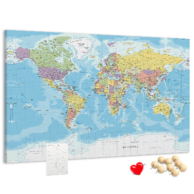 Korková tabuľa Mapa sveta s farebnými kontinentmi.