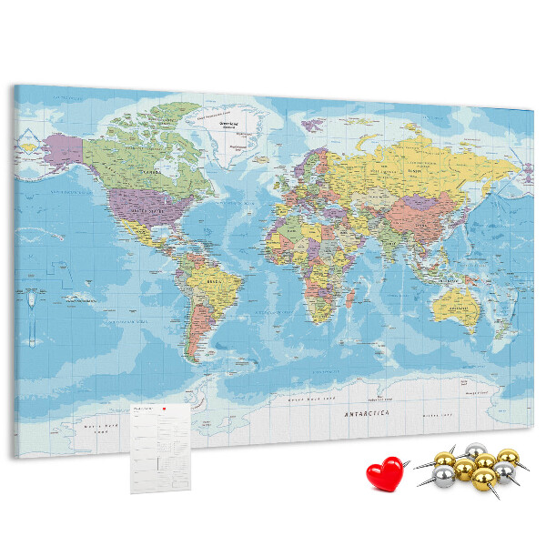 Korková tabuľa Mapa sveta s farebnými kontinentmi.