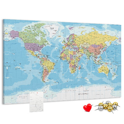 Korková tabuľa Mapa sveta s farebnými kontinentmi.