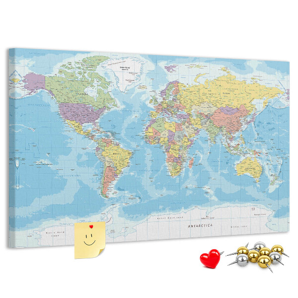 Korková tabuľa Mapa sveta s farebnými kontinentmi.