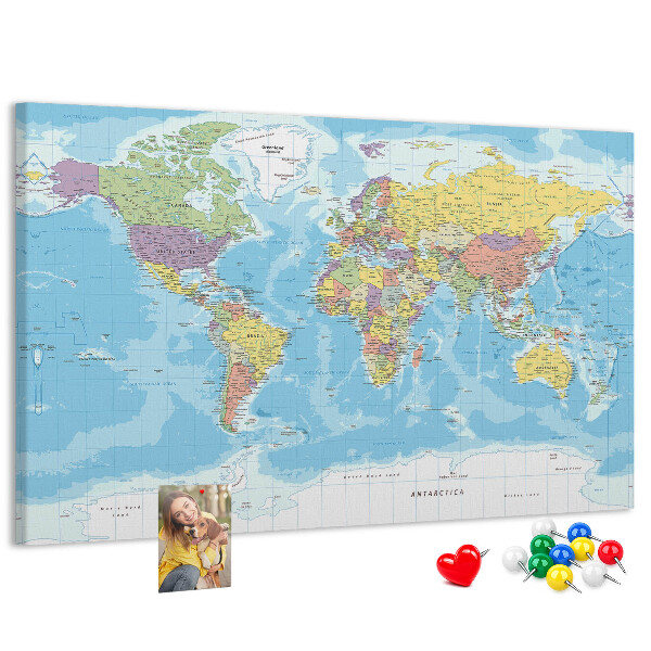 Korková tabuľa Mapa sveta s farebnými kontinentmi.
