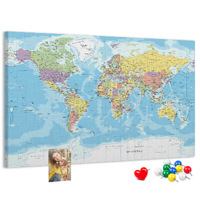 Korková tabuľa Mapa sveta s farebnými kontinentmi.