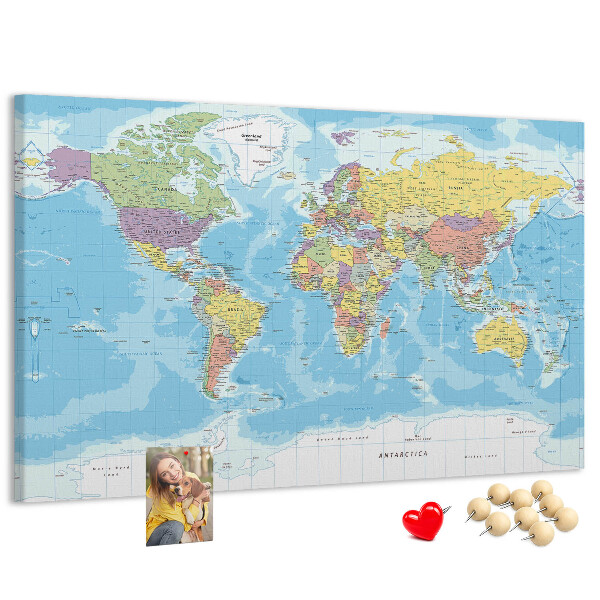 Korková tabuľa Mapa sveta s farebnými kontinentmi.
