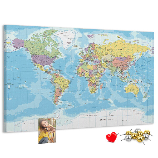 Korková tabuľa Mapa sveta s farebnými kontinentmi.