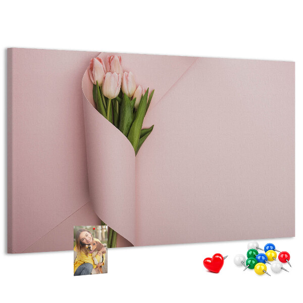 Korková tabuľa Jemné tulipány na ružovom pozadí