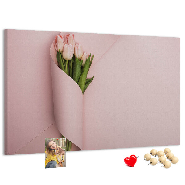 Korková tabuľa Jemné tulipány na ružovom pozadí