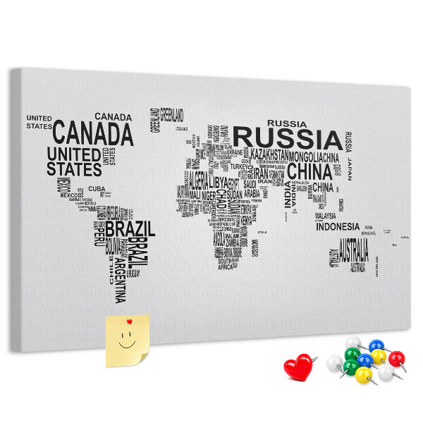 Korková tabuľa Mapa sveta s názvami krajín.