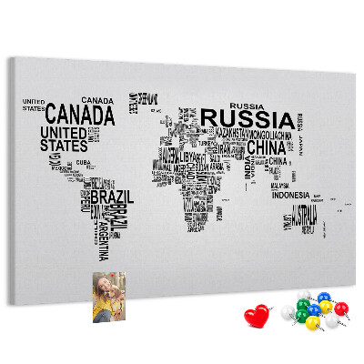 Korková tabuľa Mapa sveta s názvami krajín.