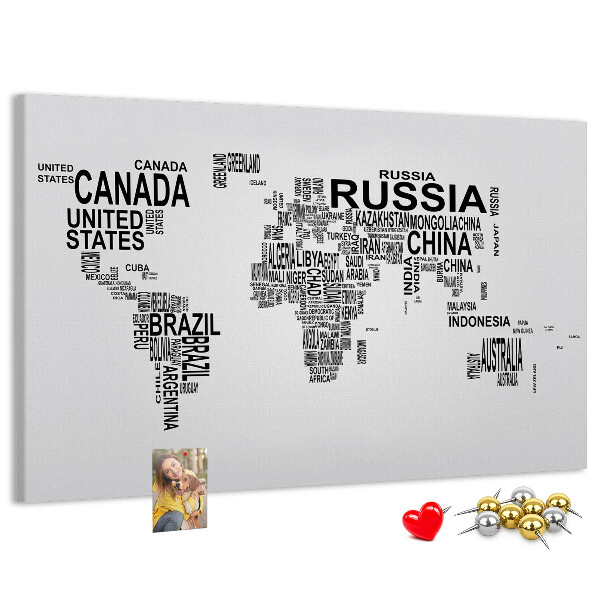 Korková tabuľa Mapa sveta s názvami krajín.
