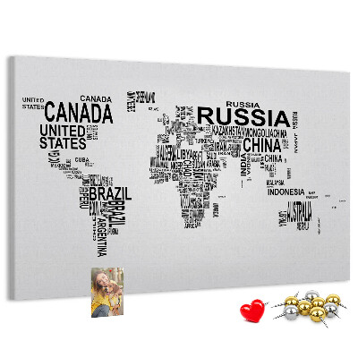 Korková tabuľa Mapa sveta s názvami krajín.