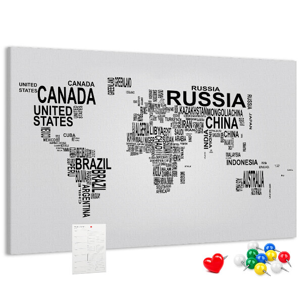 Korková tabuľa Mapa sveta s názvami krajín.