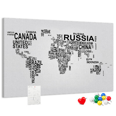 Korková tabuľa Mapa sveta s názvami krajín.
