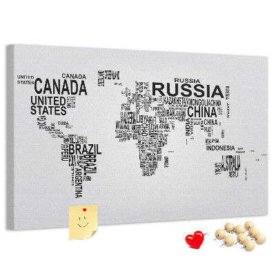 Korková tabuľa Mapa sveta s názvami krajín.