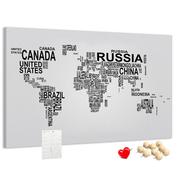 Korková tabuľa Mapa sveta s názvami krajín.