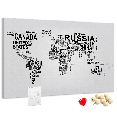 Korková tabuľa Mapa sveta s názvami krajín.