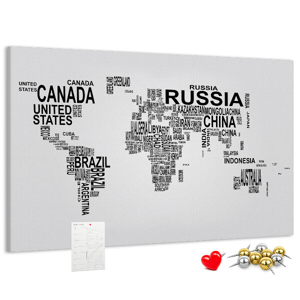 Korková tabuľa Mapa sveta s názvami krajín.