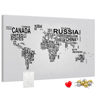 Korková tabuľa Mapa sveta s názvami krajín.